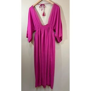 Cien Maxi Dress Large Hot Pink Crochet Trim V-Neck Coastal Cowgirl Boho